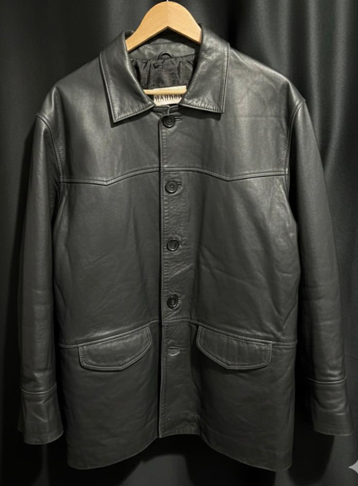 Vintage Siyah Deri Car Coat Hakiki Deri
