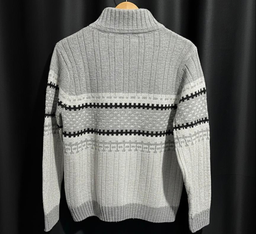 Vintage Flair İsle! Gri Norveç Desenli Fermuar Yaka Triko Kazak