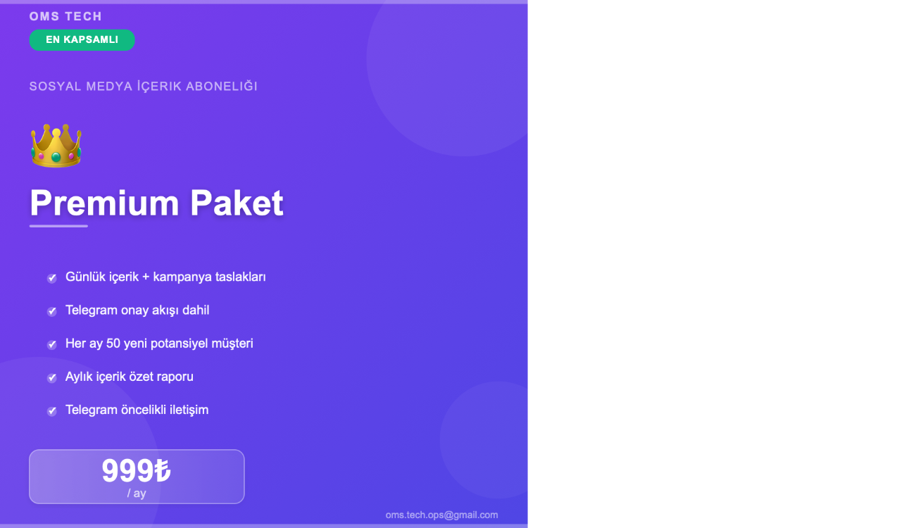 Günlük İçerik + Her Ay 50 Potansiyel Müşteri | Premium Paket 999₺/ay