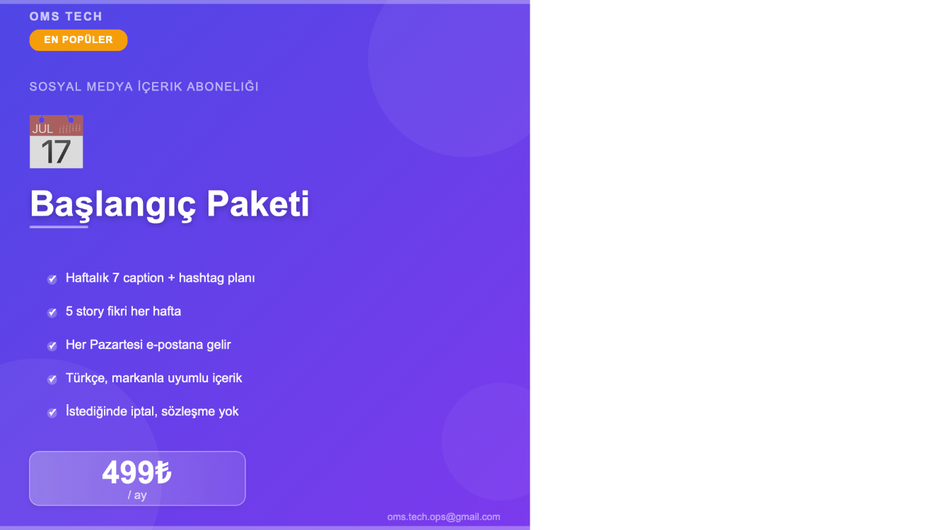 Yapay Zeka ile Haftalık Instagram İçerik Paketi | 499₺/ay