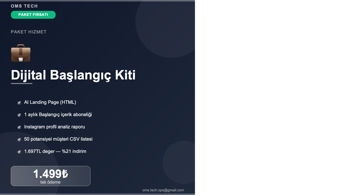Dijital Başlangıç Kiti | Landing Page + 1 Ay İçerik + 50 Lead | 1.499₺