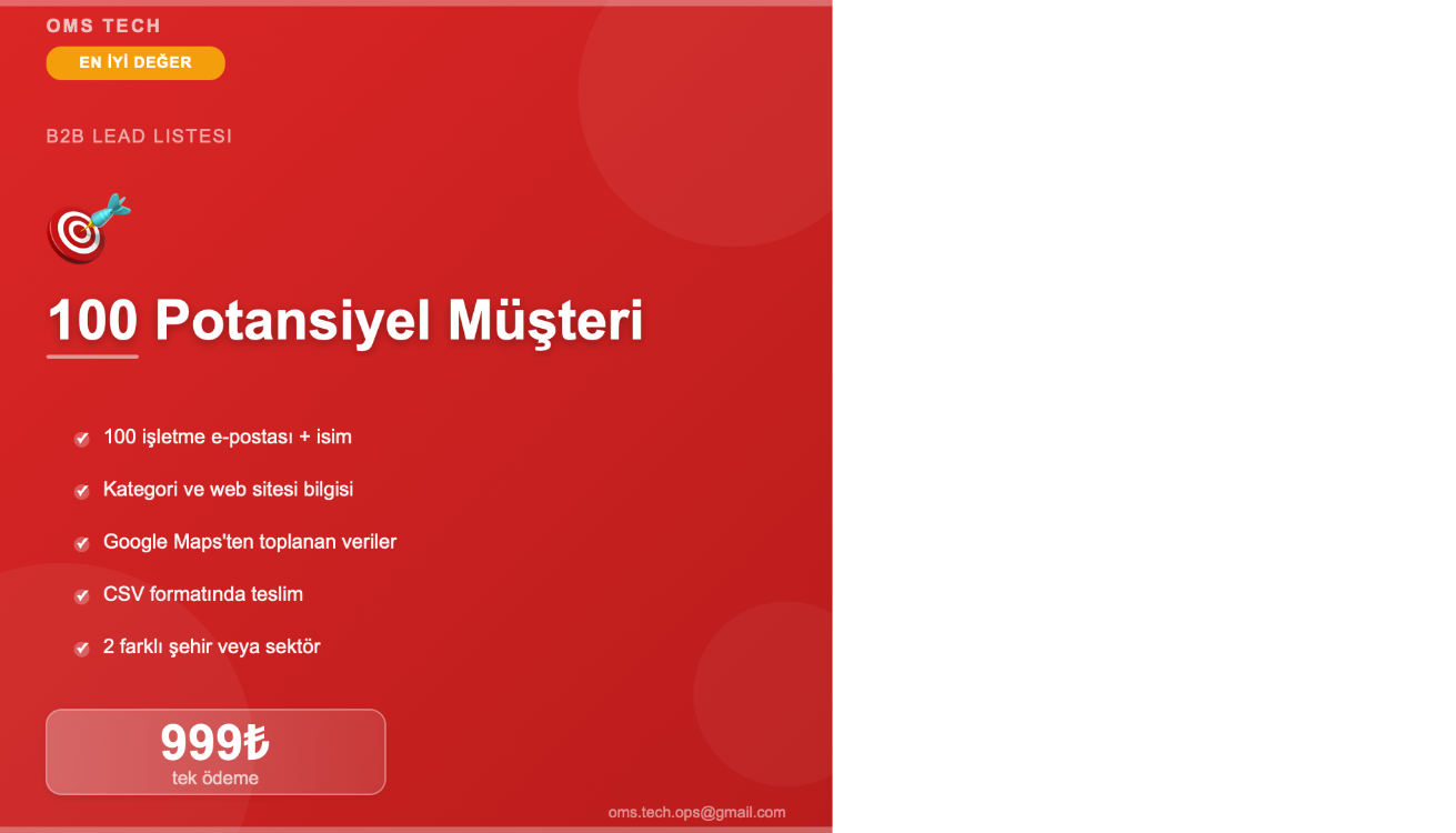 100 Potansiyel Müşteri Listesi | E-posta + İşletme Bilgisi | CSV | 999₺