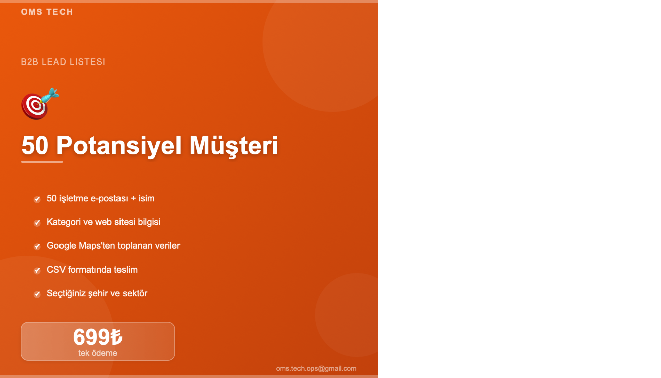 50 Potansiyel Müşteri Listesi | E-posta + İşletme Bilgisi | CSV | 699₺