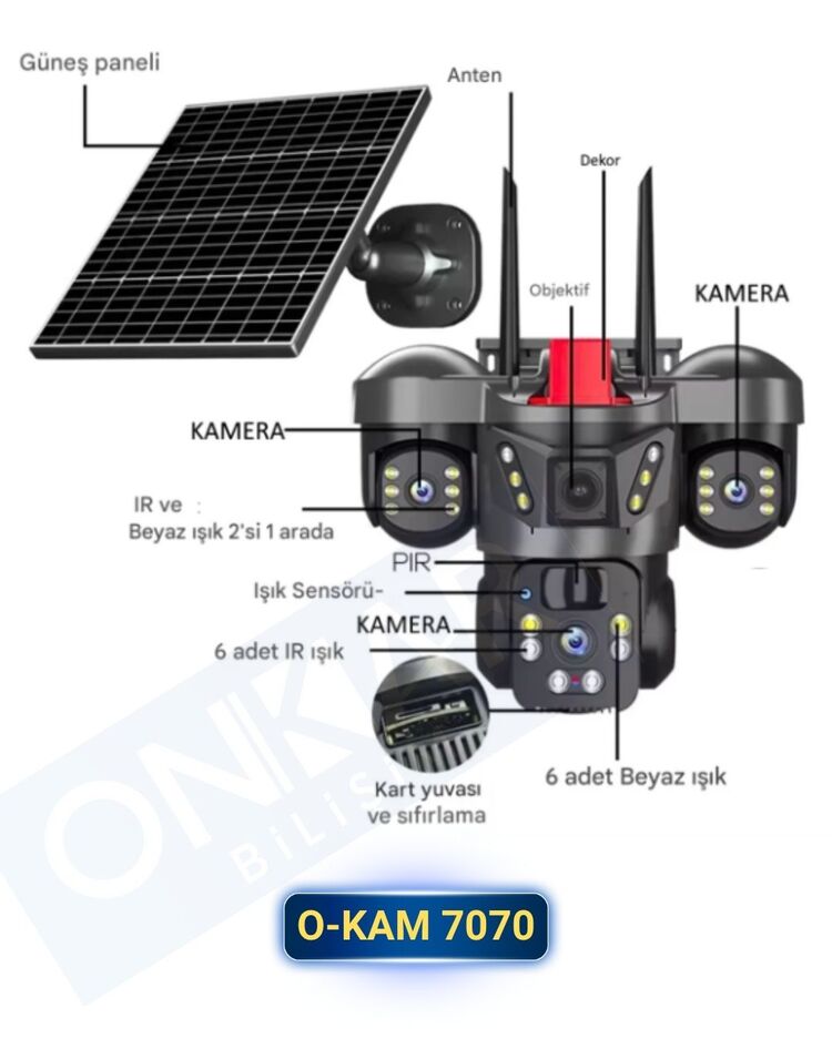 Okam 8050 Solar Güneş Enerjili 4G Sim Kartlı eSim Destekli 9MP 3 Lens Güvenlik Kamerası