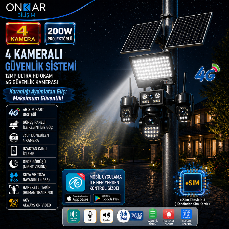 OKAM PRO PREMİUM 4G-334 4 KAMERALI PROJEKTÖRLÜ 4G SOLAR GÜVENLİK KAMERASI