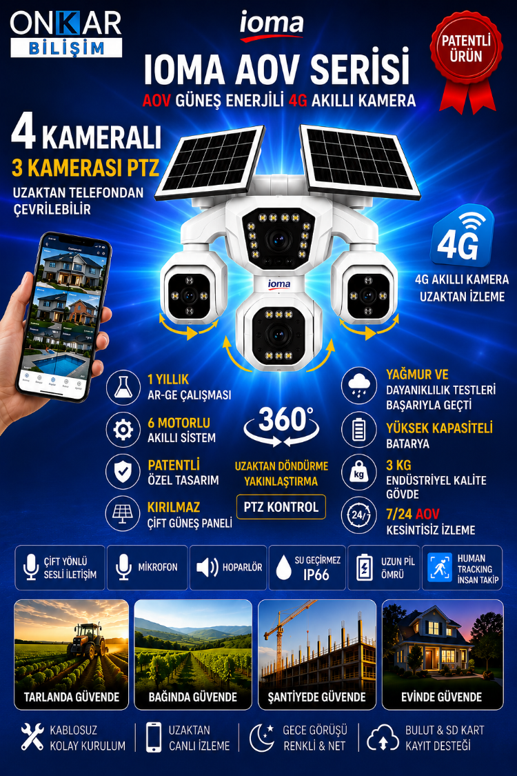 IOMA SG407 4 KAMERALI 3PTZ'li 4G Solar Güvenlik Kamerası 10X ZOOM HİEASY