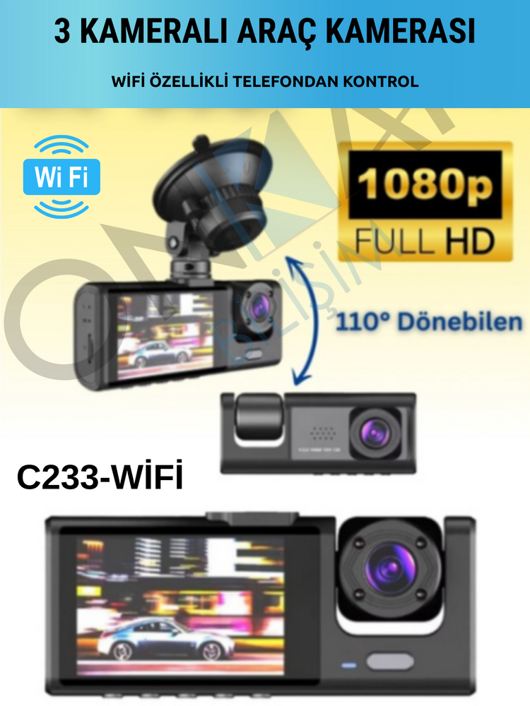 Avenir 3 KAMERALI WİFİ ÖZELLİKLİ ARAÇ KAMERASI C233-WİFİ