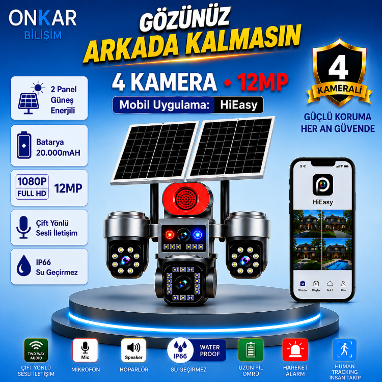 ONKAR BT-8 4 KAMERALI 7/24 Sürekli Kayıt - Güneş Enerjili Güvenlik Kamerası HİEASY