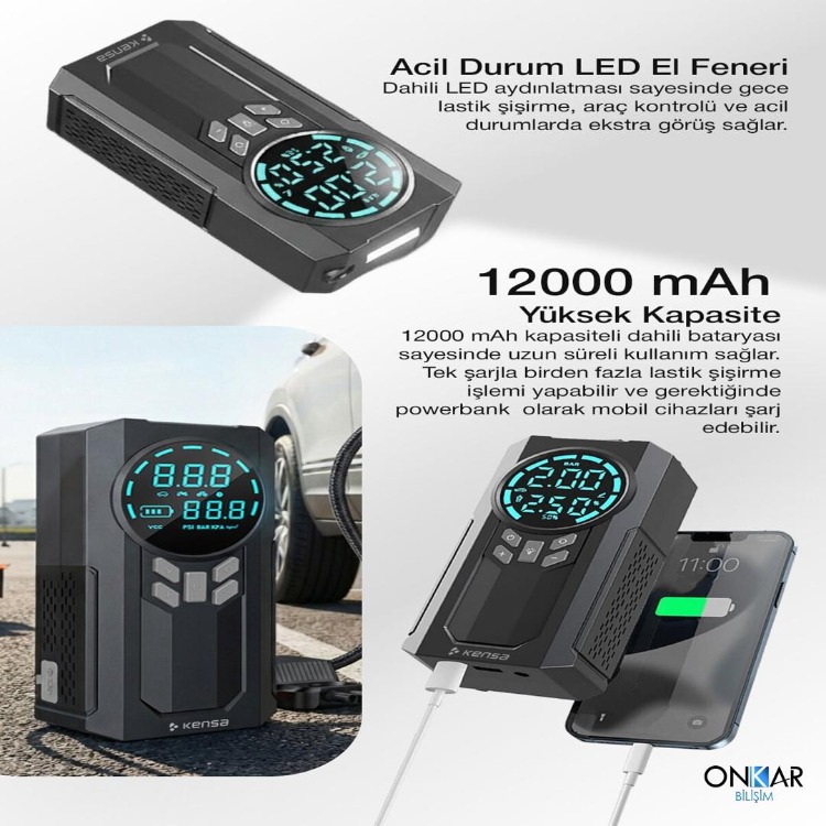 ONKAR Akü Takviye Cihazı ve Akıllı Hava Pompası 150 PSI - 12.000mAh