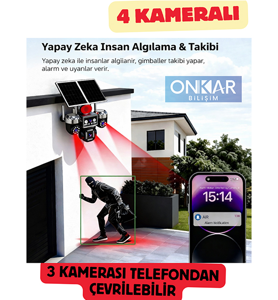 4 KAMERALI 3 PTZ'Lİ 12MP SİM KARTLI ESİM GÜNEŞ ENERJİLİ GÜVENLİK KAMERASI