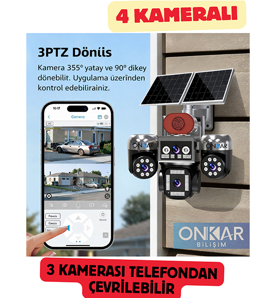 4 KAMERALI 3 PTZ'Lİ 12MP SİM KARTLI ESİM GÜNEŞ ENERJİLİ GÜVENLİK KAMERASI