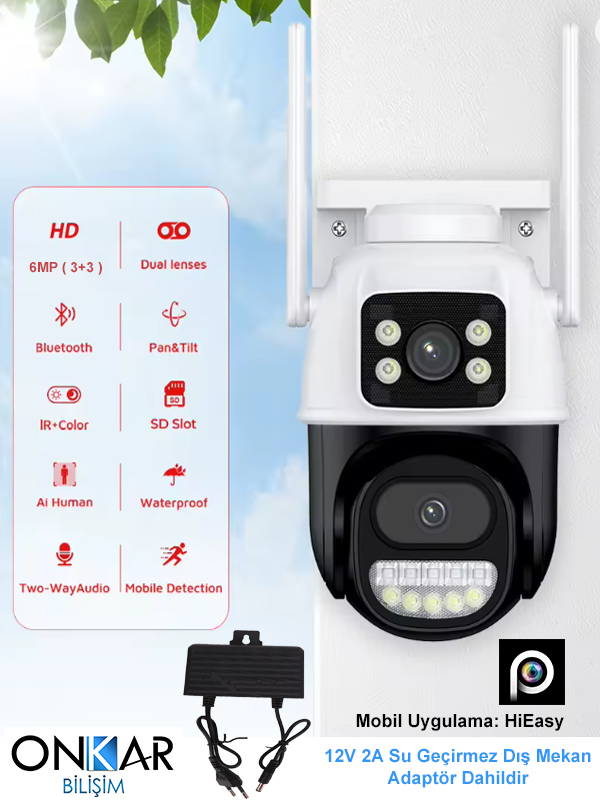 6MP 1080P Full HD Wi-Fi Çift Lensli Gece Görüşlü Suya Dayanıklı Dış Ortam Kamera