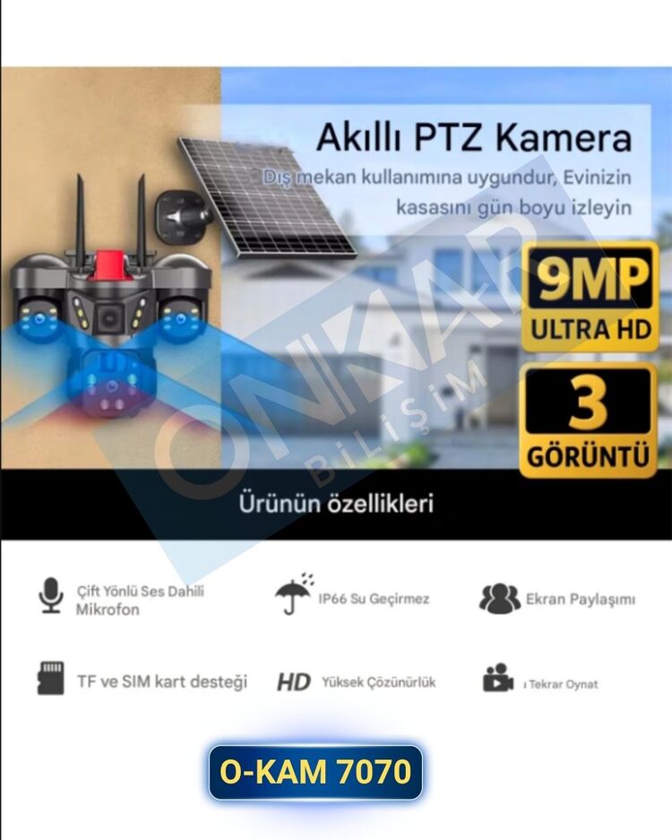 Okam 8050 Solar Güneş Enerjili 4G Sim Kartlı eSim Destekli 9MP 3 Lens Güvenlik Kamerası