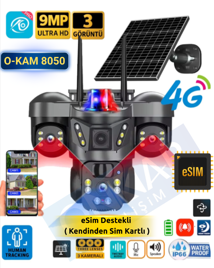 Okam 8050 Solar Güneş Enerjili 4G Sim Kartlı eSim Destekli 9MP 3 Lens Güvenlik Kamerası