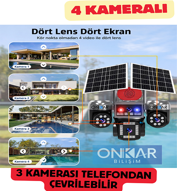 4 KAMERALI 3 PTZ'Lİ 12MP SİM KARTLI ESİM GÜNEŞ ENERJİLİ GÜVENLİK KAMERASI