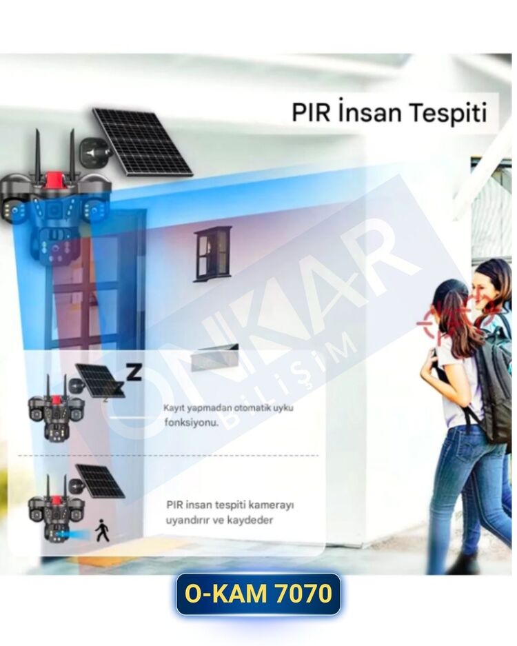 Okam 8050 Solar Güneş Enerjili 4G Sim Kartlı eSim Destekli 9MP 3 Lens Güvenlik Kamerası