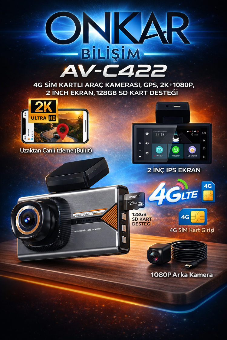 AVENİR AV-C422 4G Sim Kartlı 2K 2 Kameralı GPS'li Araç Kamerası