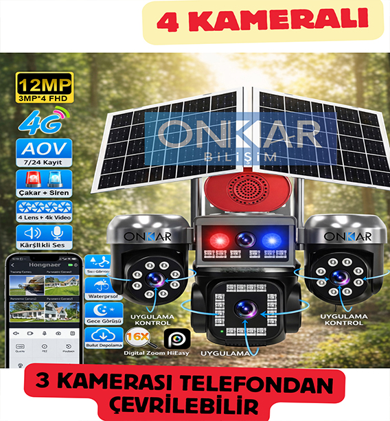 4 KAMERALI 3 PTZ'Lİ 12MP SİM KARTLI ESİM GÜNEŞ ENERJİLİ GÜVENLİK KAMERASI