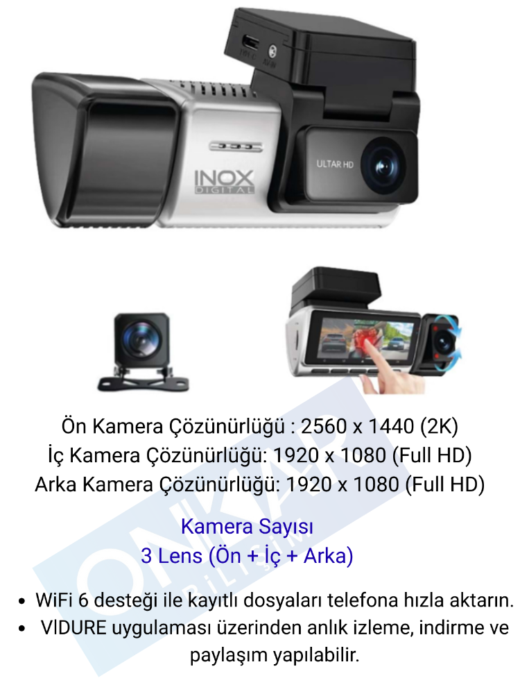 inoxdigital X603 2K 3 KAMERALI WİFİ BAĞLANTILI ARAÇ İÇİ VE ARAÇ DIŞI ARAÇ KAMERASI