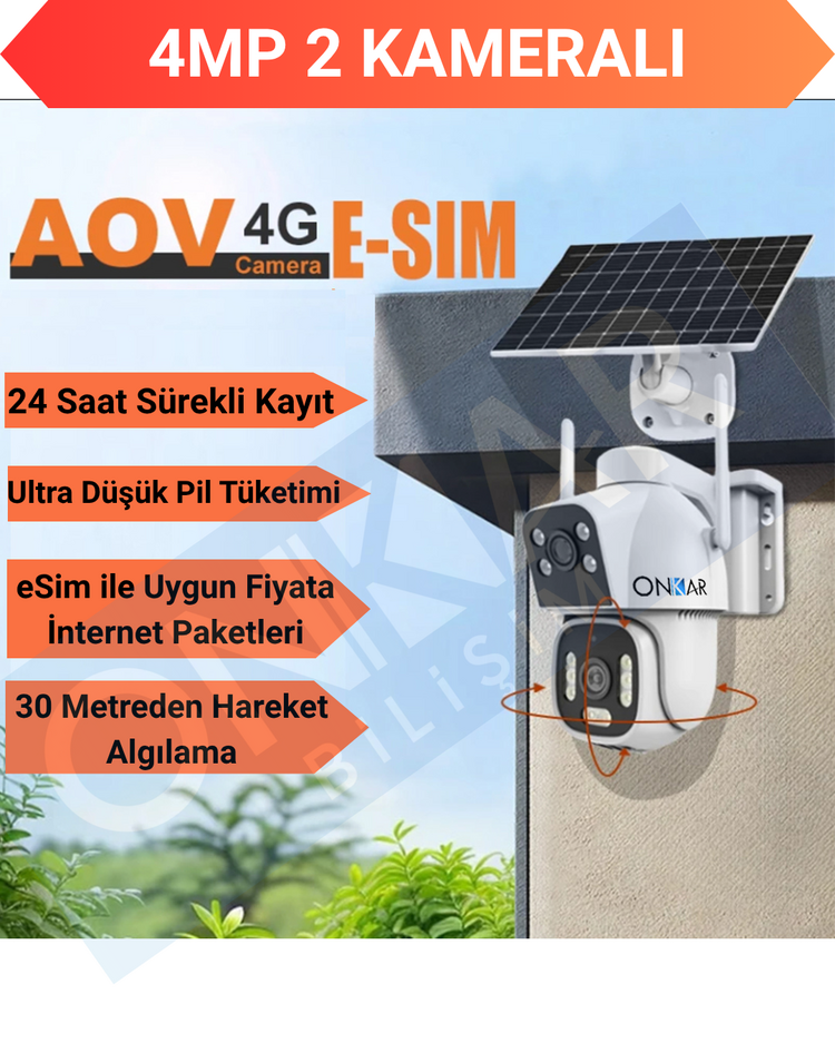 ONKAR 4MP eSim Özellikli Güneş Enerjili 7/24 Kayıtlı Güvenlik Kamerası