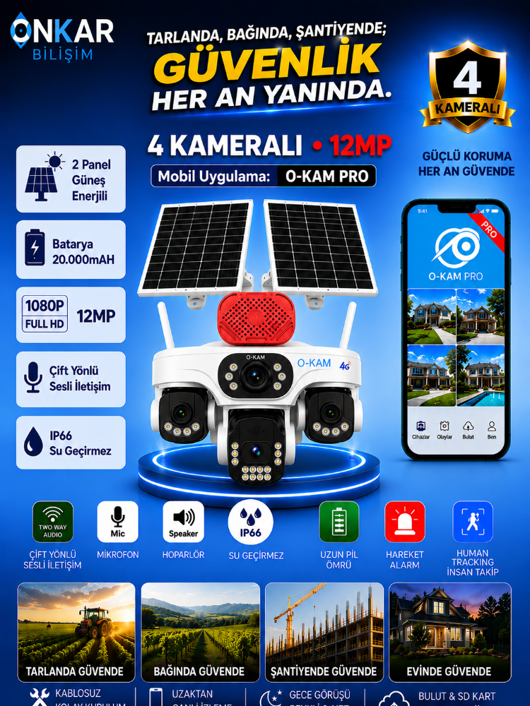 O-KAM OK337S Premium 12MP 4 Kameralı 4G Çift Solar Panel AOV Güvenlik Kamerası