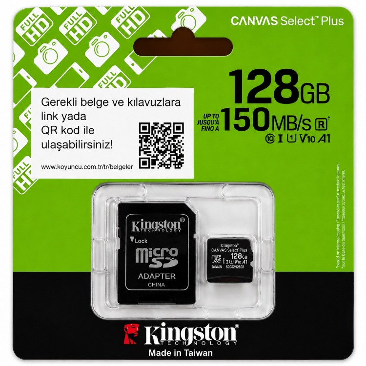 128 GB KINGSTON CANVAS SELECT PLUS MICRO SD CARD CL10 SDCS3/128GB 150MB/S