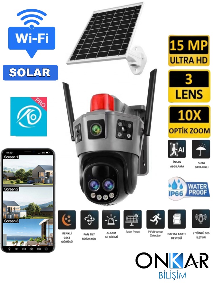 Okam 6021 9MP Wifi Solar Kablosuz Güneş Enerjili Güvenlik Kamerası 10X Optik Zoom 3 Lens