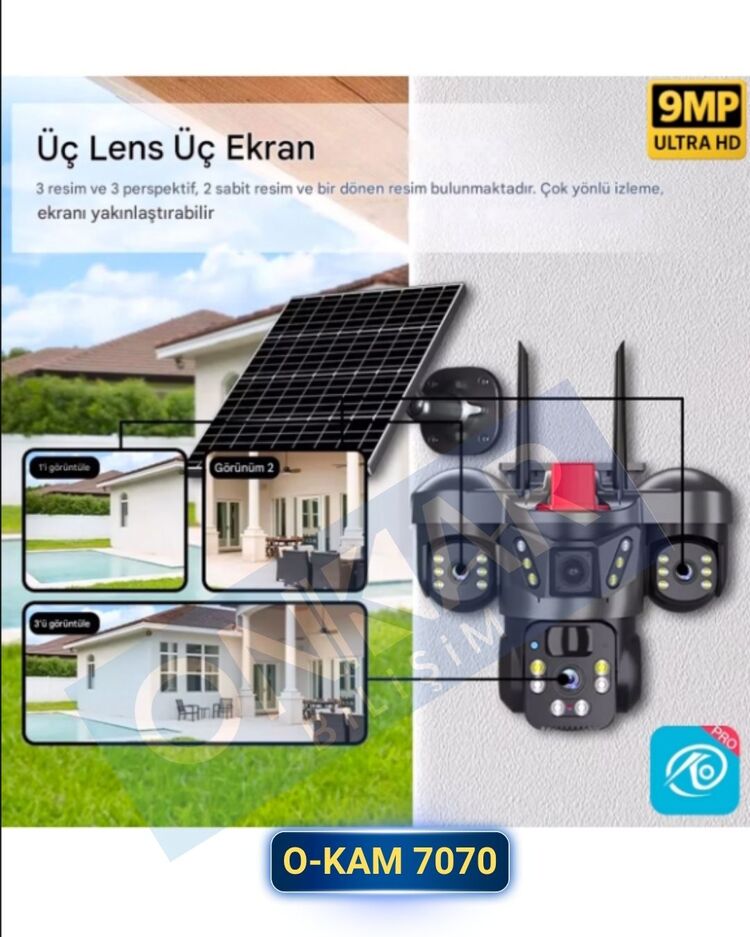 Okam 8050 Solar Güneş Enerjili 4G Sim Kartlı eSim Destekli 9MP 3 Lens Güvenlik Kamerası