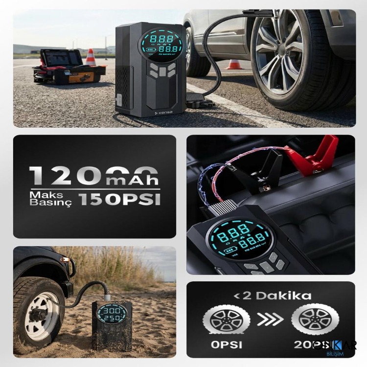 ONKAR Akü Takviye Cihazı ve Akıllı Hava Pompası 150 PSI - 12.000mAh