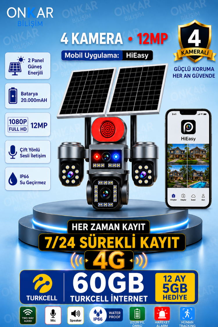 ONKAR BT-8 4 KAMERALI 60GB Turkcell 1 Yıl Data Hatlı Güneş Enerjili Güvenlik Kamerası HİEASY