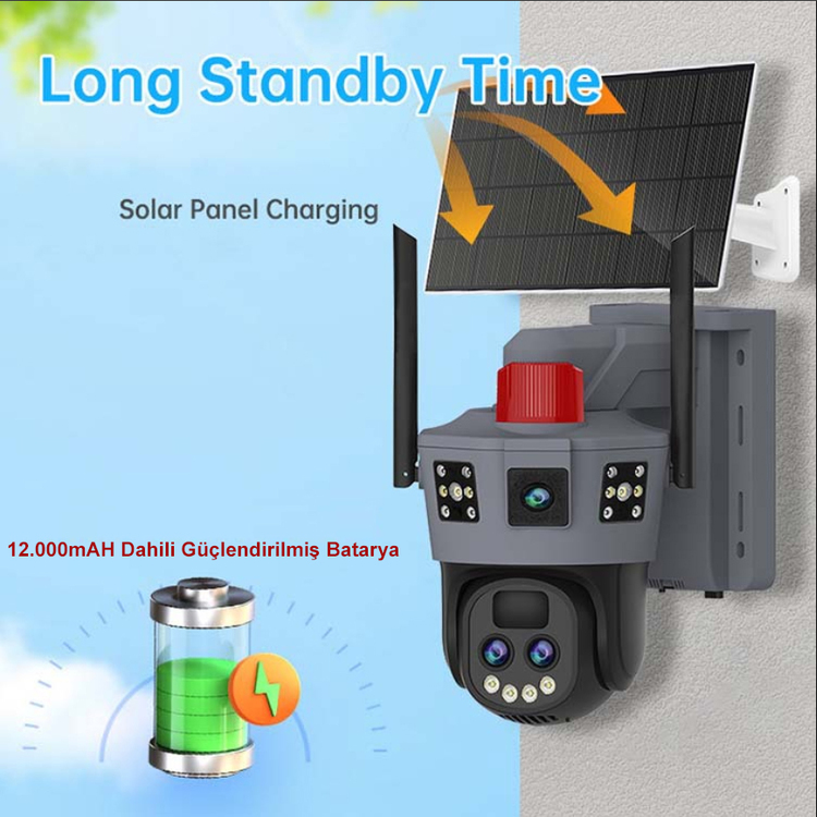 Okam Pro 6020 Solar Güneş Enerjili 4G Sim Kartlı 15MP 3 Lens 10X Optik Zoom Güvenlik Kamerası