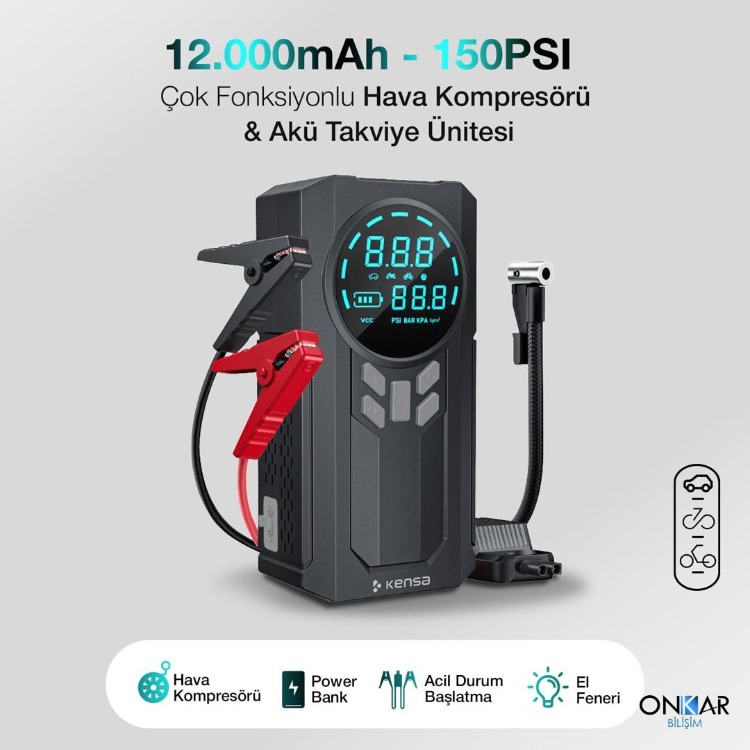 ONKAR Akü Takviye Cihazı ve Akıllı Hava Pompası 150 PSI - 12.000mAh