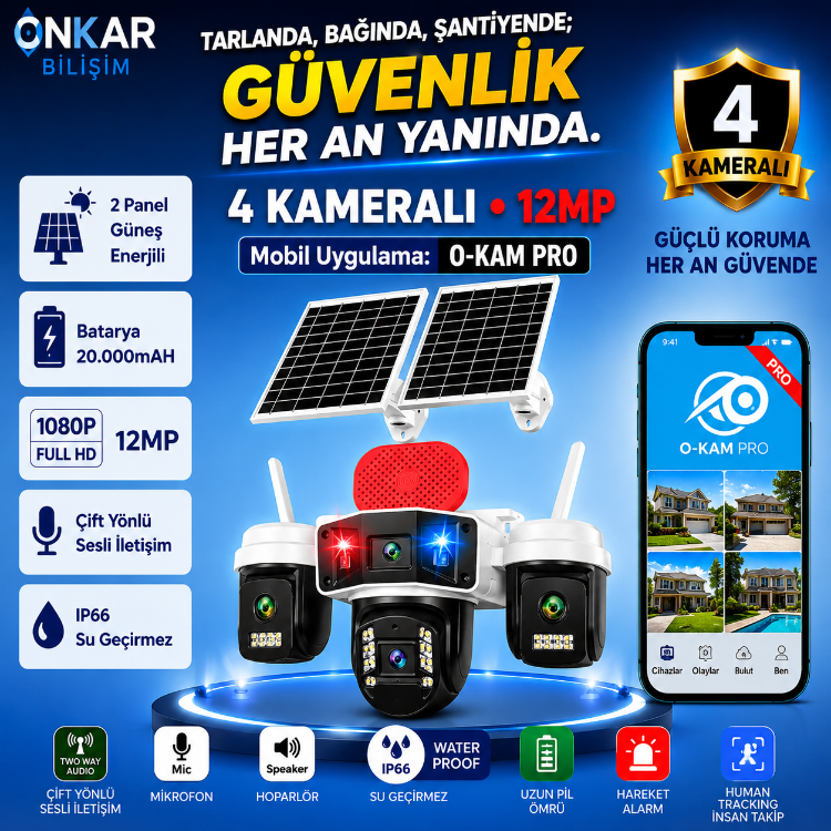 OKAM PRO PREMİUM 4G-335B 4 KAMERALI 7/24 KAYIT SİM KARTLI GÜNEŞ ENERJİLİ GÜVENLİK KAMERASI