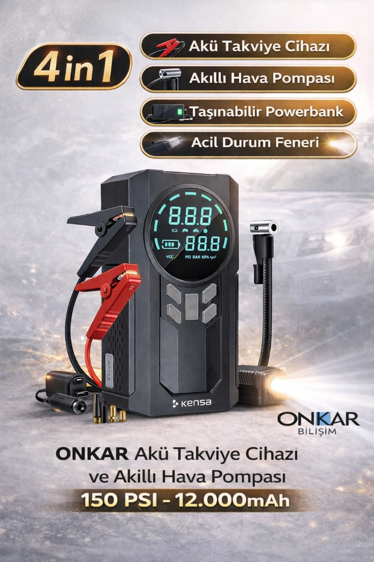 ONKAR Akü Takviye Cihazı ve Akıllı Hava Pompası 150 PSI - 12.000mAh