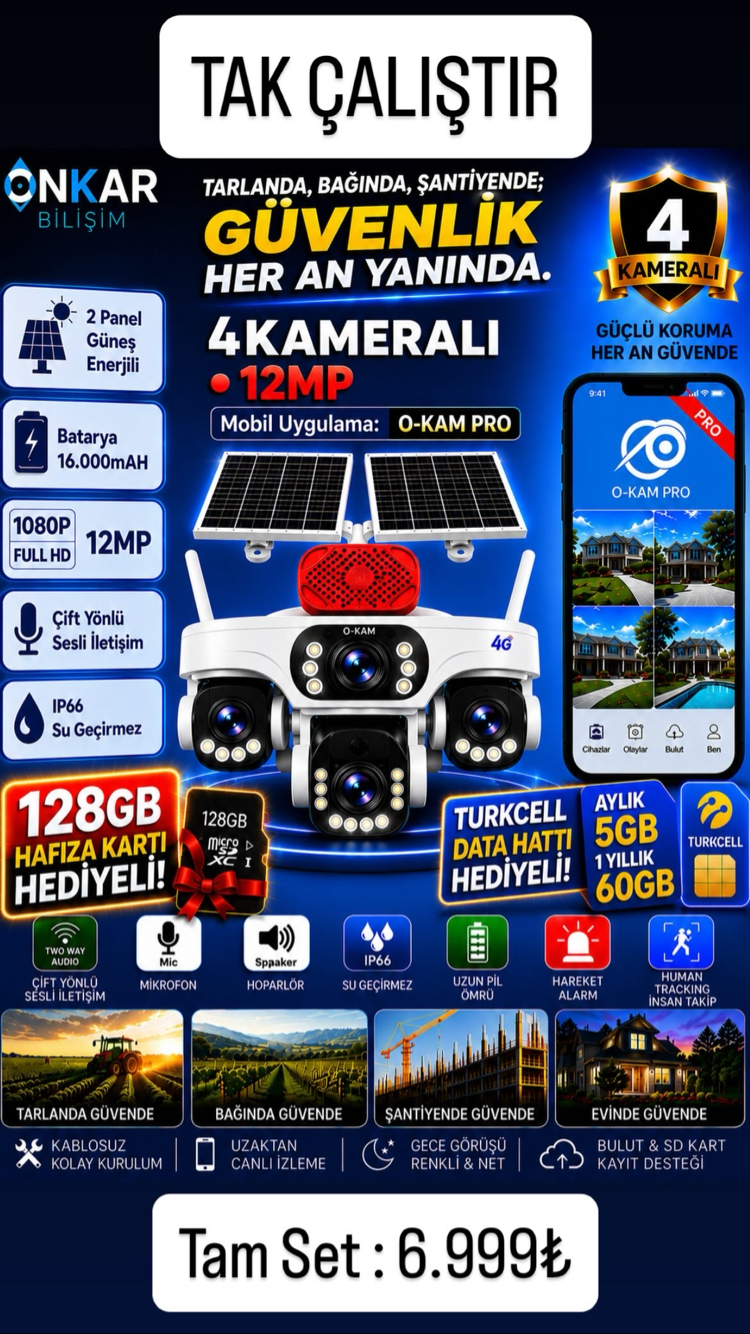 O-KAM 337S 4 Kameralı Tam Set 1 Yıl Turkcell Data + 128GB Hafıza Kartı
