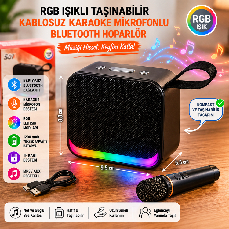 RGB Işıklı Kablosuz Karaoke Mikrofonlu Bluetooth Hoparlör (S01)