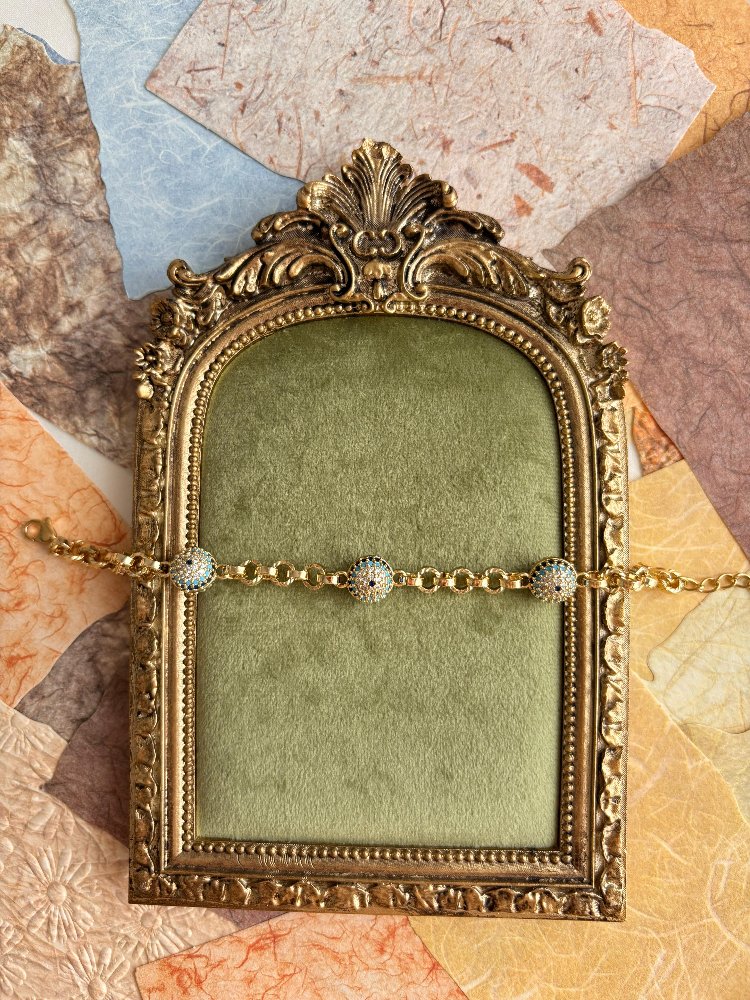 14K Gold Kaplama VIP Zirkon Taşlı Nazar Boncuk Detaylı Bileklik 