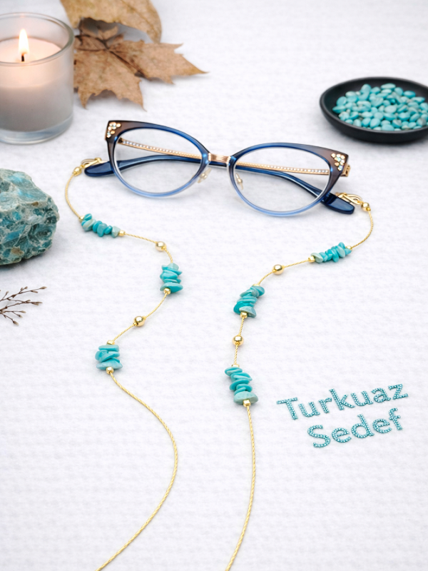 Sedef Turkuaz Doğal Taşlı Gözlük Zinciri