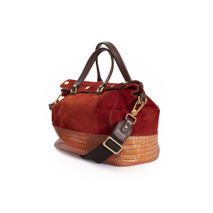 Vintage Furla Süet ve Timsah Derisi Bayan Çantası. Made in Italy.