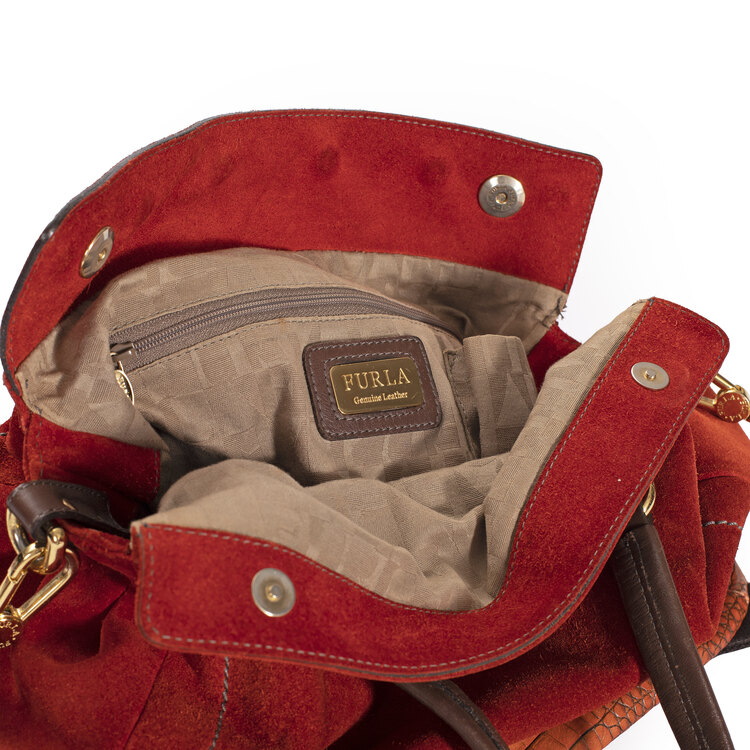 Vintage Furla Süet ve Timsah Derisi Bayan Çantası. Made in Italy.