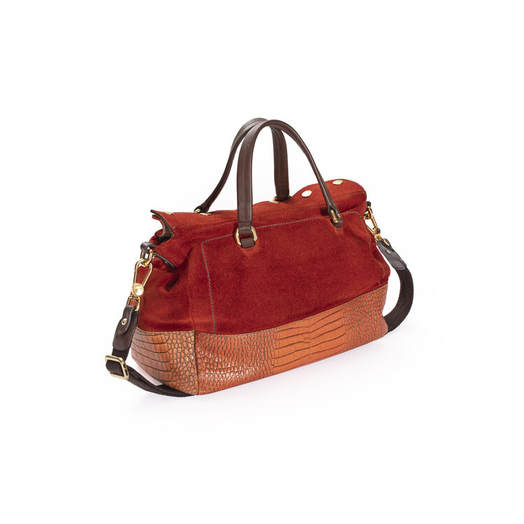 Vintage Furla Süet ve Timsah Derisi Bayan Çantası. Made in Italy.