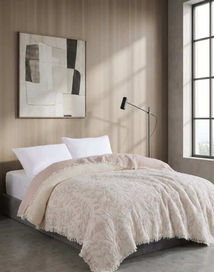 Jakarlı Müslin Yatak Örtüsü-Çift Kişilik PIKE-%100 PAMUK-230X250 cm - VANİLYA