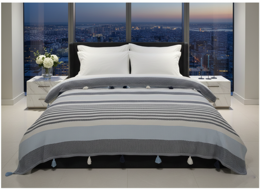 Orbit Pamuklu Çift Kişilik Pike ve Yatak Örtüsü - 220X240 cm Dokuma, Püsküllü - Gece Mavisi