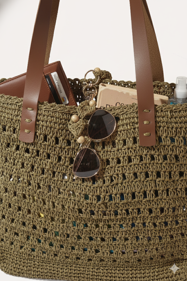 Haki Yeşil Deri Saplı Örgü Tote Çanta | Olive Green Crochet Tote Bag Leather Handles