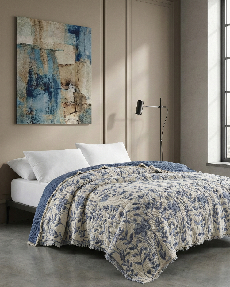 Jakarlı Müslin Yatak Örtüsü-Çift Kişilik PIKE-%100 PAMUK-230X250 cm - İNDİGO