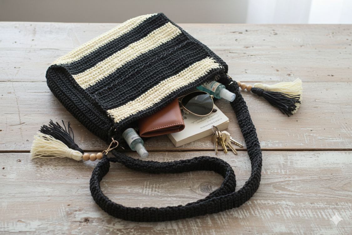 El Yapımı Siyah Çizgili Örgü Omuz Çantası | Handmade Black Striped Crochet Bag
