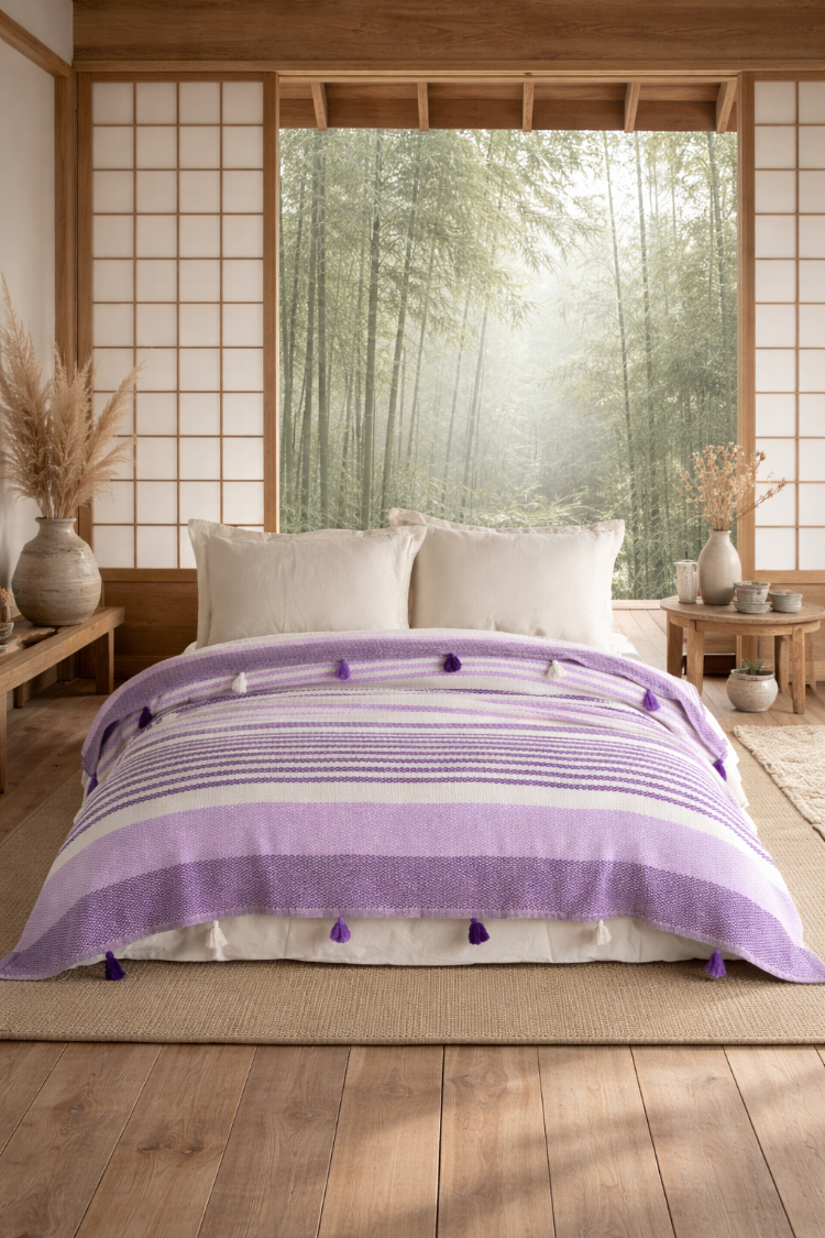 Orbit Pamuklu Çift Kişilik Pike ve Yatak Örtüsü - 220X240 cm Dokuma, Püsküllü - Mor