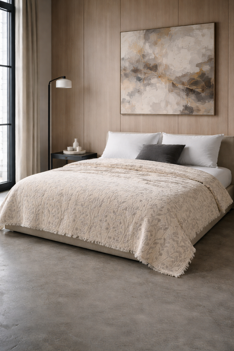Jakarlı Müslin Yatak Örtüsü-Çift Kişilik PIKE-%100 PAMUK-230X250 cm - VİZON