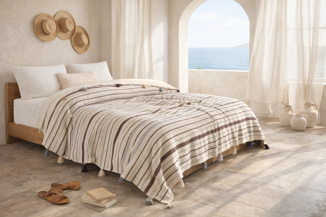 Pamuklu Çift Kişilik Pike ve Yatak Örtüsü - 220X240 cm Dokuma, Ponponlu - Vizon