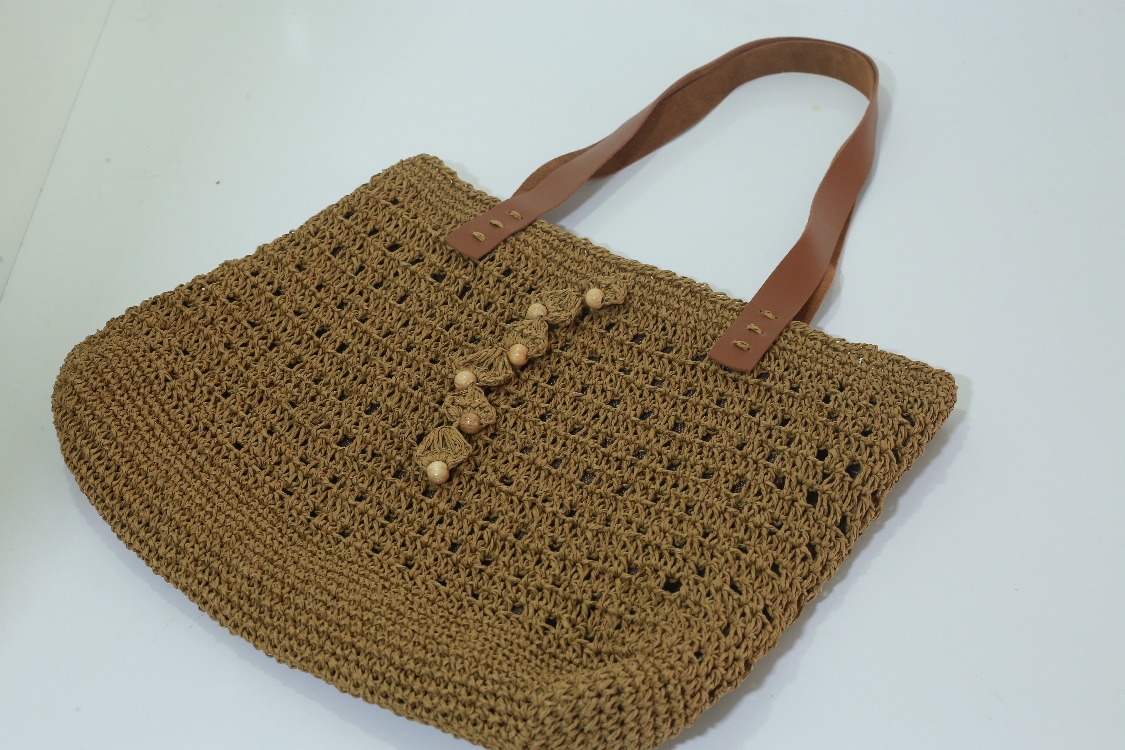 Haki Yeşil Deri Saplı Örgü Tote Çanta | Olive Green Crochet Tote Bag Leather Handles